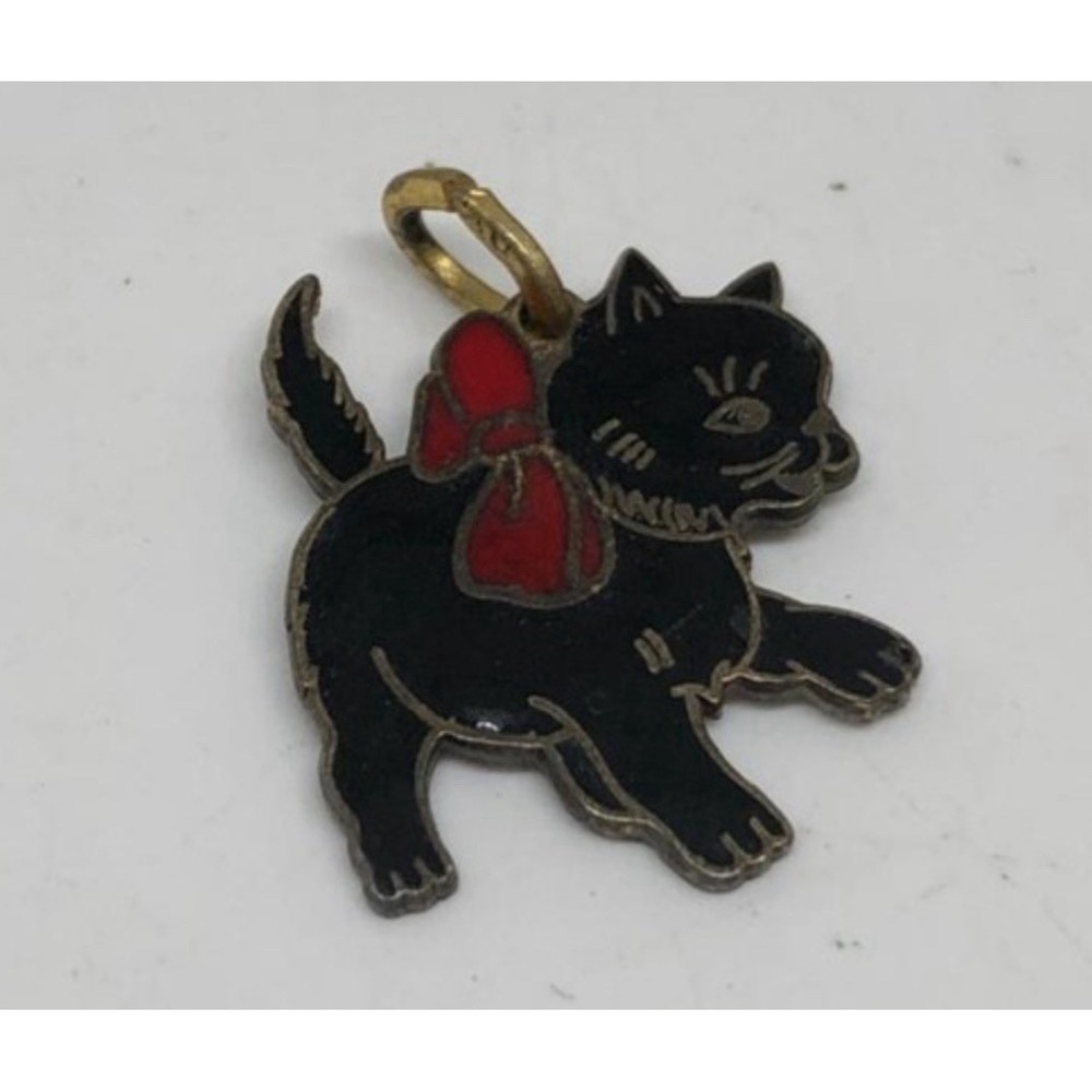 Vintage Sterling Silver Beau Enamel 1980's Cat Red Bow Dangle Charm Pendant